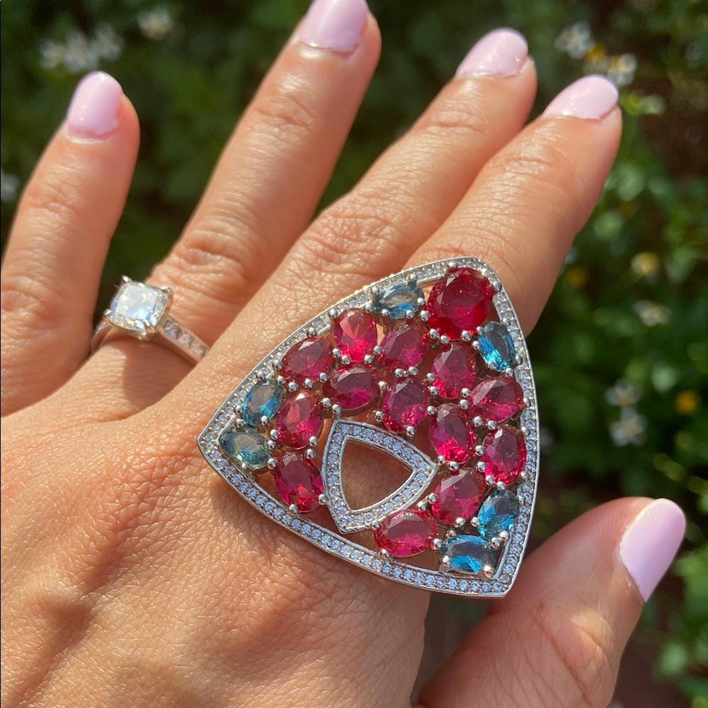 Vintage Red and Blue Statement Ring with Geometric Design